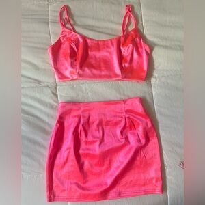 women’s hot pink neon 2 piece skirt set Fashion Nova glow in the dark top set